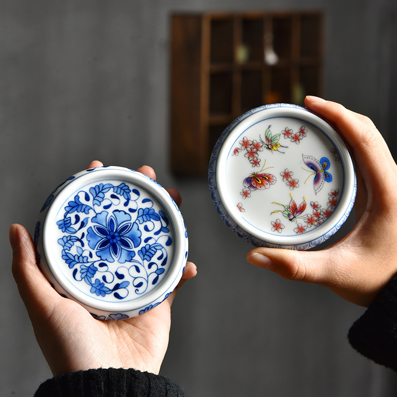 仿古青花瓷杯垫杯托复古陶瓷茶盖托盖置隔热防烫壶承功夫茶具配件
