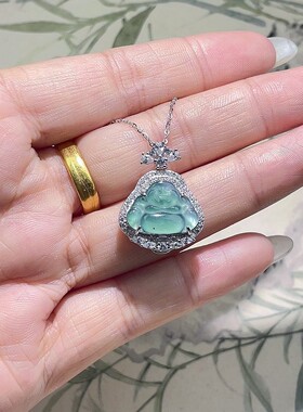 新中式蓝水翡翠镶钻佛公锁骨链