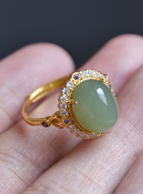 天然和田玉俄料碧玉粉青微猫眼s925银香槟金金镶戒指生日礼物8z