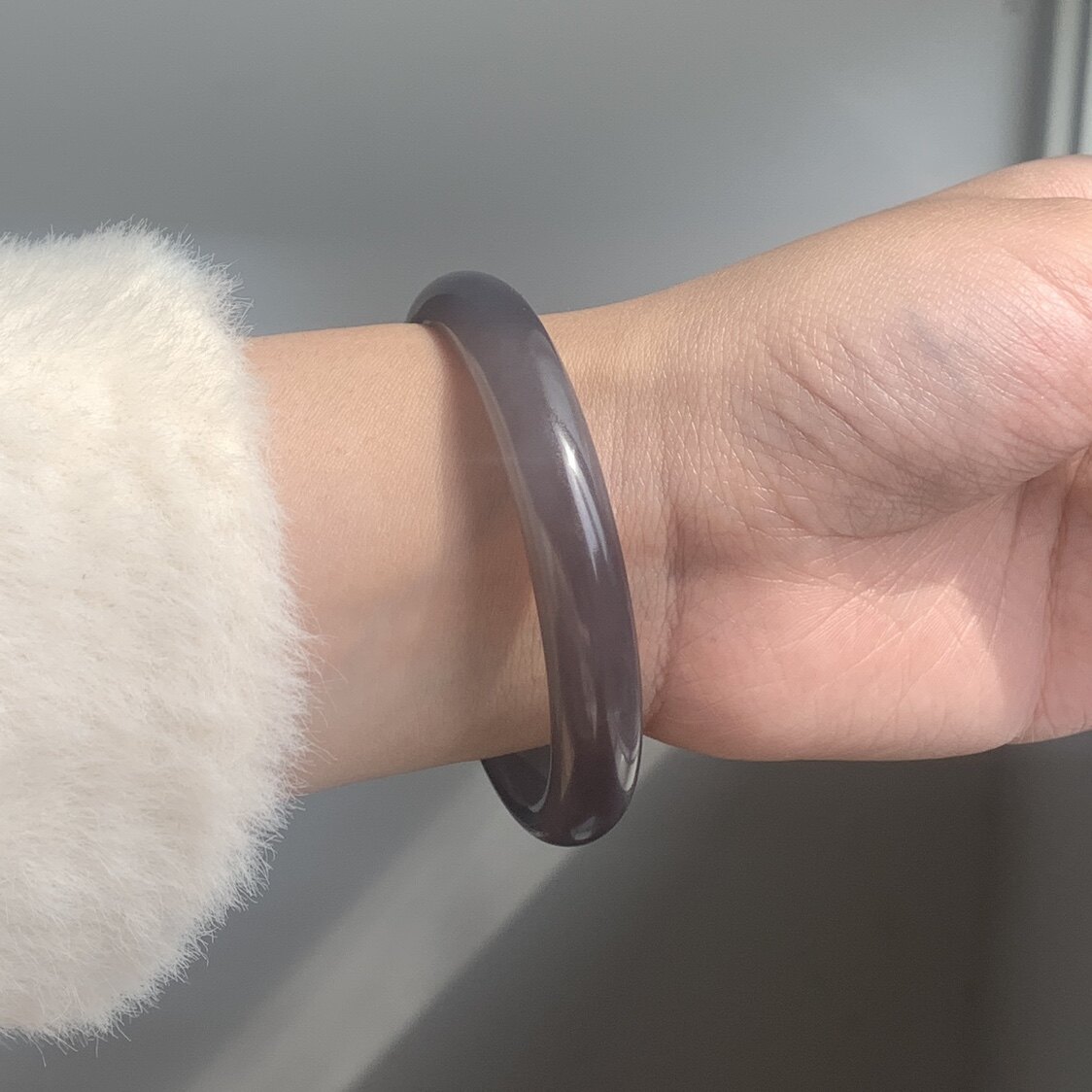 57圈口天然和田玉青海料烟青玉紫罗兰手镯31.6克