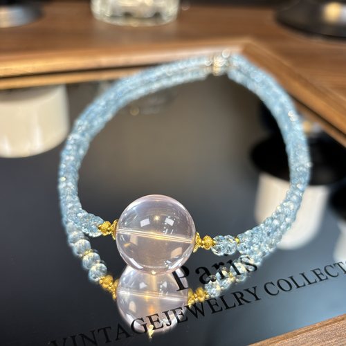 丁页级莫桑比克六芒星水晶球路路通22mm+蓝托帕切面石5mm+项链