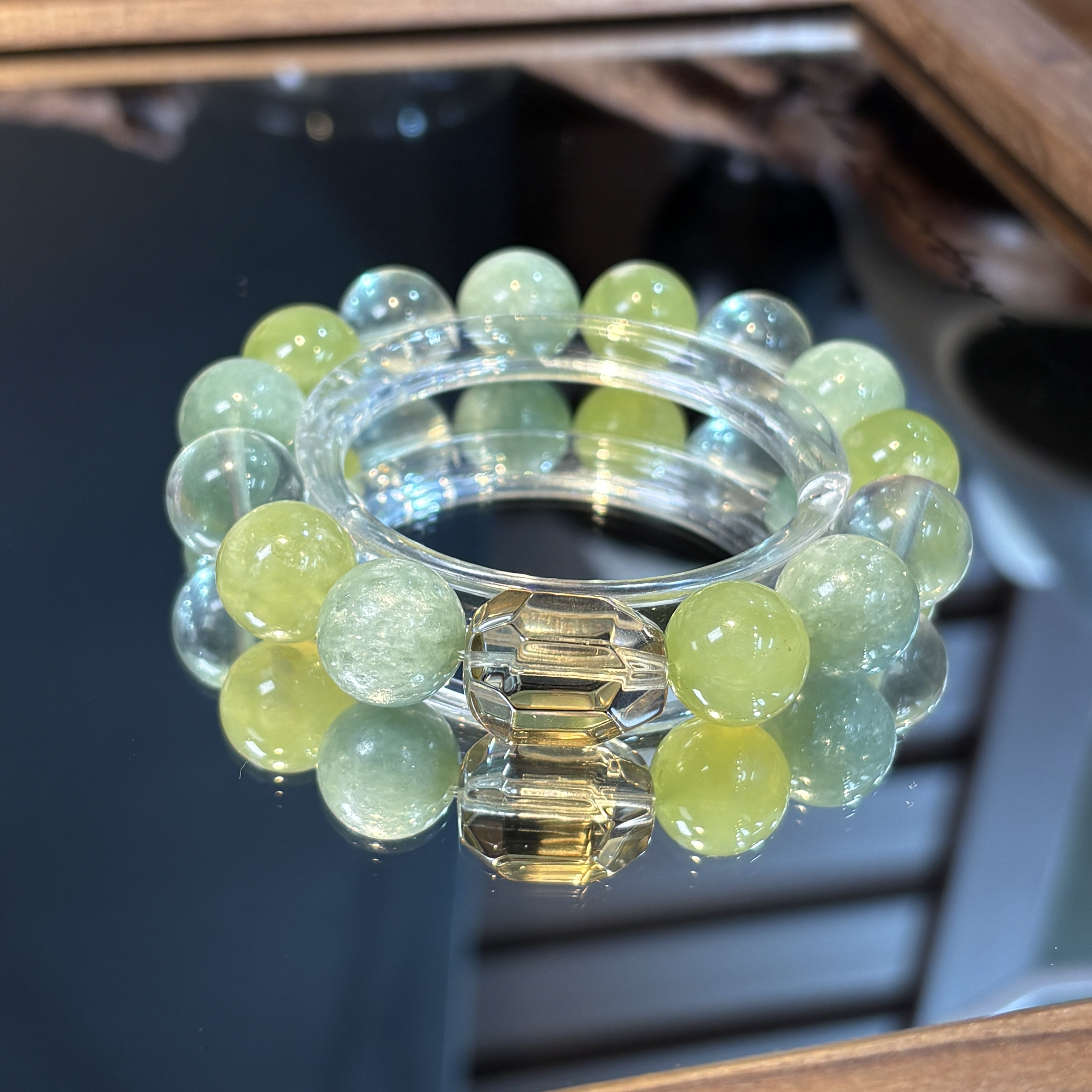 高定-知夏 茶黄晶随形 岫玉 绿萤石 绿祖母晶手串 12mm+