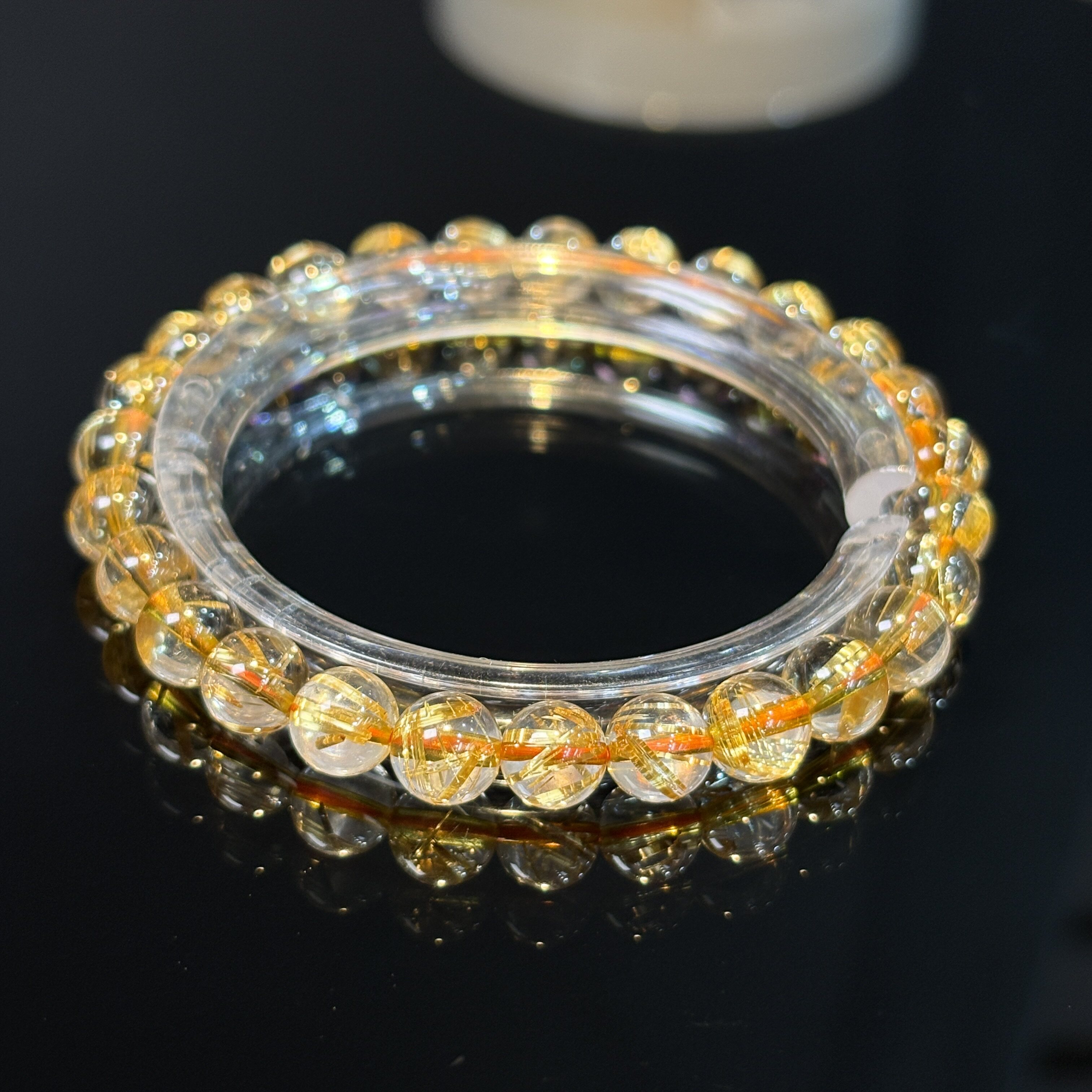 晶体干净 水头足|丁页级透体板钛晶手串 6.5mm+