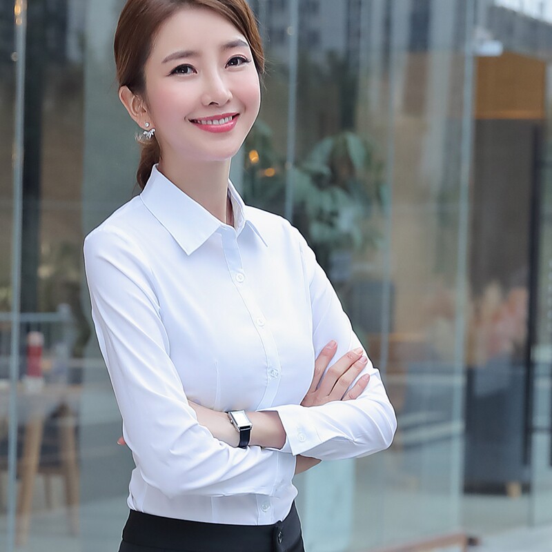 韩版修身显瘦纯色职业女装百搭2018春季新品黑色短款长袖衬衫工衣