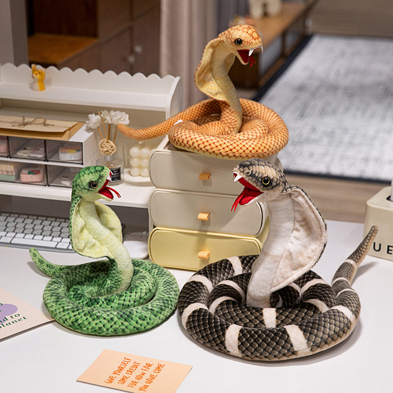 立脖子蛇公仔毛绒玩具张嘴眼镜蛇黄金蟒蛇玩偶整蛊绿斑小蛇生肖蛇