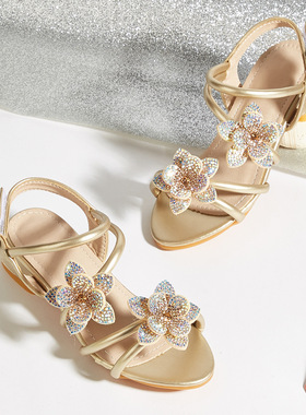 女童高跟凉鞋2026夏季新款鞋子中小童花朵高跟公主鞋中空女孩凉鞋