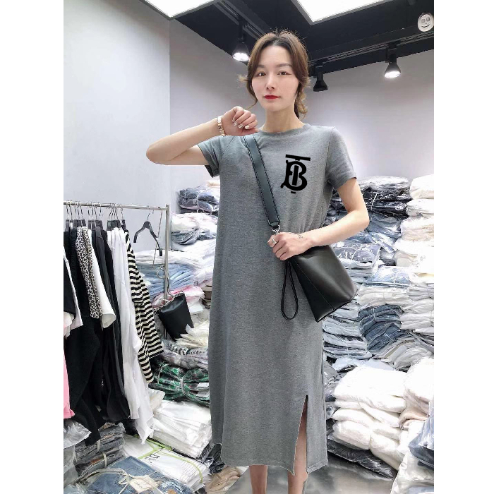 Summer short sleeve dress women's casual belly covering large loose medium length over the knee T-shirt skirt