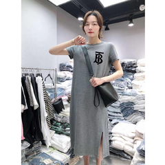 Summer short sleeve dress women's casual belly covering large loose medium length over the knee T-shirt skirt