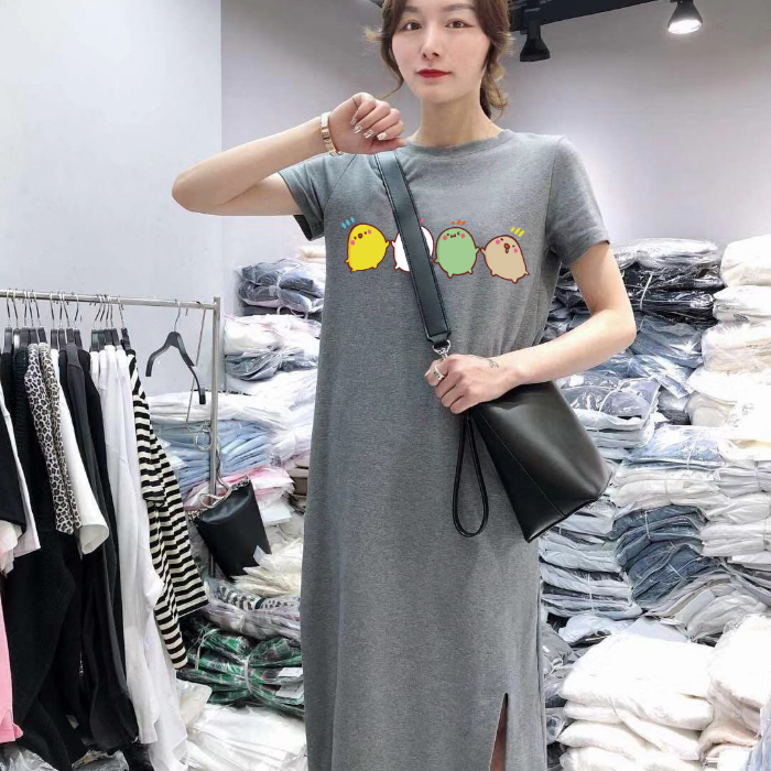 Four chicks short sleeve dress women's casual belly covering large size loose medium length over knee T-shirt skirt