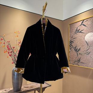 100%桑蚕丝丝绒撞色收腰V领气质棉衣 高定新款 677 中先森