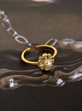 轻中古风微镶锆石镂空宫廷风戒指电镀18K真金复古食指戒指环