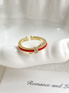 新中式红绳锆石几何开口戒指气质时尚可调节食指戒新年高级感指环