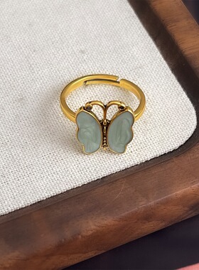 vintage中古风做旧古金蝴蝶戒指复古文艺滴油食指戒小众设计手饰