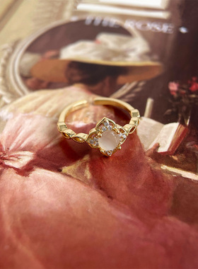 Vintage轻中古法式宫廷风戒指猫眼石食指戒菱形开口可调节指环