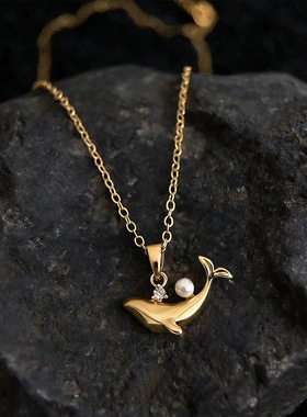 【金豚揽月】镀18k真金小鲸鱼锆石锁骨链时尚通勤风高级感项链女