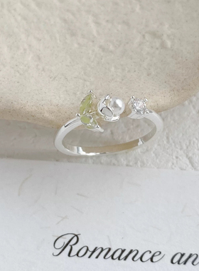 立体花朵珍珠细戒指女小众设计感甜美精致锆石高级感百搭食指手饰