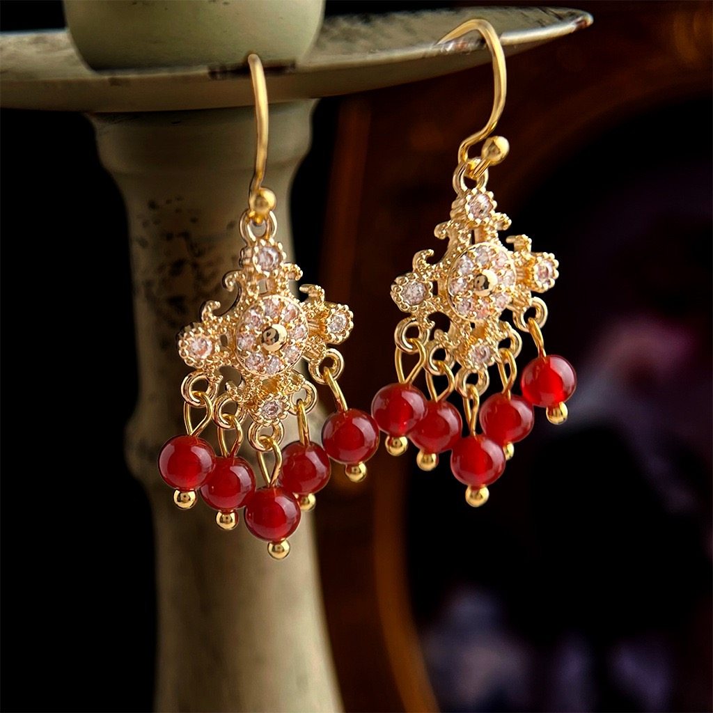 【红璎珞】中古风鸢尾花锆石红玛瑙流苏耳环复古文艺高级感耳饰