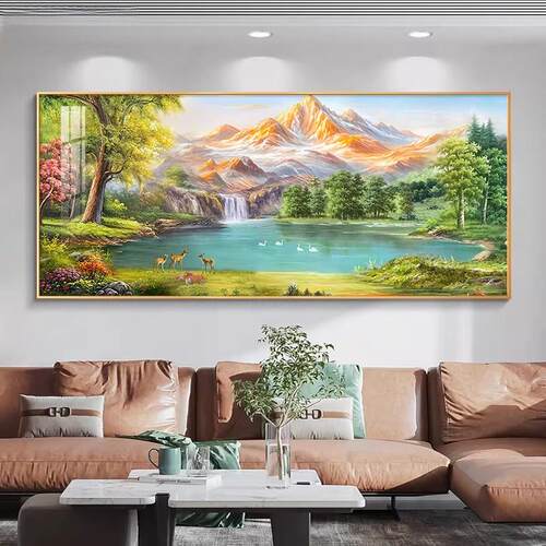 日照金山客厅装饰画沙发书房背景墙挂画聚宝盆麋鹿山水画轻奢高级