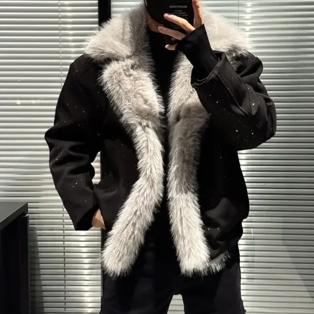 男装161冬季自主设计新款高级感休闲时尚轻奢男厚重毛毛夹克外套