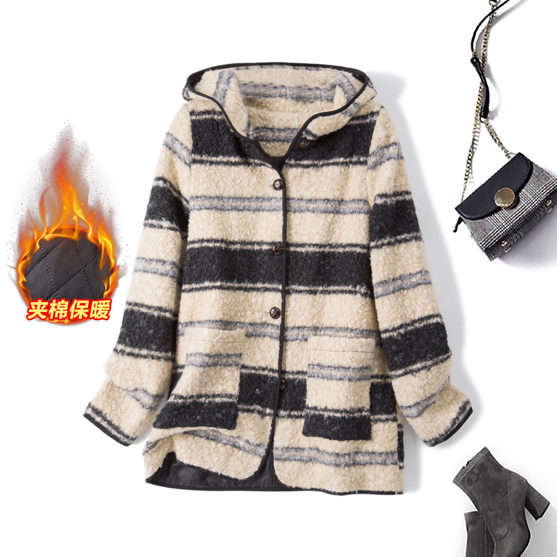 2025冬装新款胖mm大码撞色条纹羊羔绒外套夹棉保暖连帽大衣80746