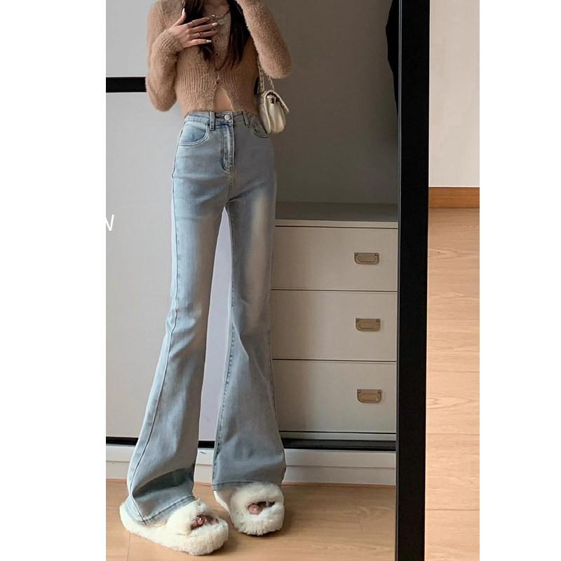 浅色弹力微喇牛仔裤女2025秋季时尚百搭修身显瘦小个子喇叭裤