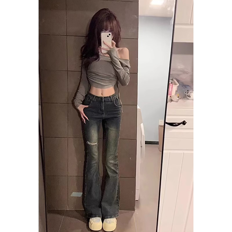 破洞美式高街春秋弹力微喇牛仔裤女男宽松高腰显瘦休闲喇叭裤子
