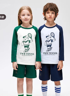 春季新款男女童撞色插肩长袖T恤圆领休闲卡通小熊TKLA246286H