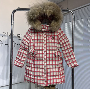 女童收腰中长款 毛领格子羽绒服TKJD204T58K 卡通小熊童装 冬款