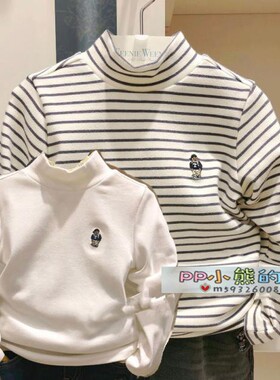 现货男童小熊春秋款半高领打底衫条纹长袖T恤TKLA94901A