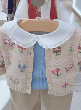 2025秋冬甜美女童圆领刺绣花朵针织开衫春秋外套上衣T0CK254T64K