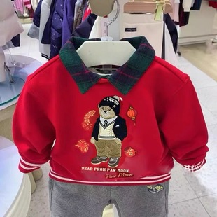 现货25款卡通小熊男童加绒卫衣冬季翻领假两件红色上衣加厚带领子