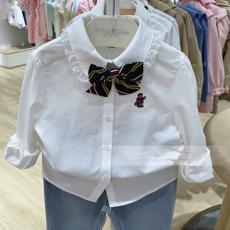 小熊童装女童纯棉长袖衬衫百搭领结白色衬衣TKYW213882B SR