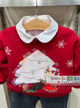 冬季女童百搭卡通圣诞树小熊圆领针织衫红色毛衣PCKAC8C82N