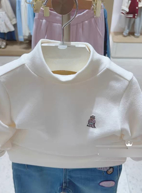 现货2025小熊刺绣高领长袖T恤白色保暖打底衫内搭上衣TKLA244T51K