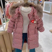 女童加厚羽绒服中长款 冬款 小熊童装 红色千鸟格保暖TKJD224T56A