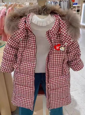 224冬款小熊童装女童加厚羽绒服中长款红色千鸟格保暖TKJD224T56A