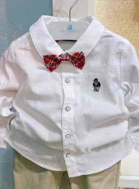 春秋款小熊男童婴童长袖领结衬衫纯白色百搭衬衣T0YA213801A SR