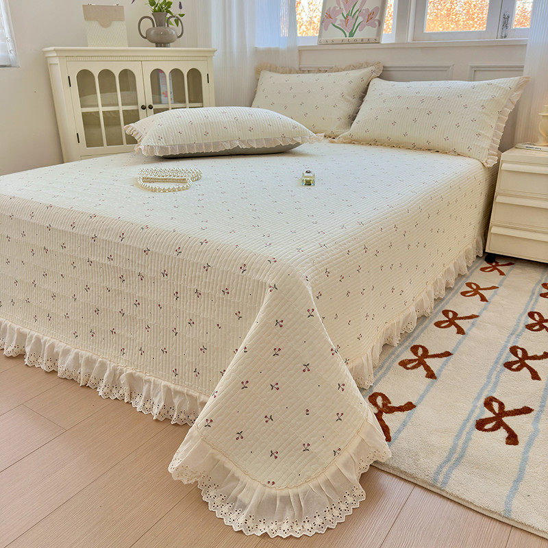 蕾丝车厘子全棉双层纱床盖三件套韩式小碎花纯棉绗缝加厚防滑床单