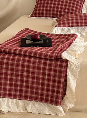 法式红色复古格子荷叶花边全棉床盖三件套新疆棉花夹棉绗缝加厚