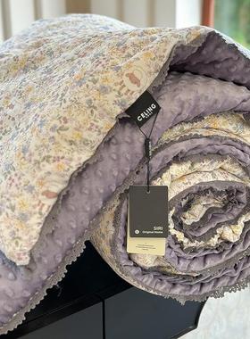 法式复古紫色小碎花双层纱纯棉豆豆被子春秋冬加绒空调被加厚被芯