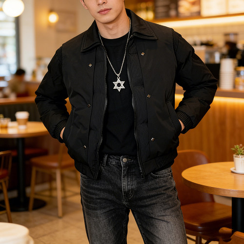 男士冬季加厚潮牌双层领短款棉服
