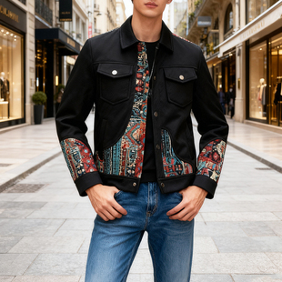 美式中古博主风高级感刺绣翻领外套春秋潮牌修身痞帅男士休闲夹克