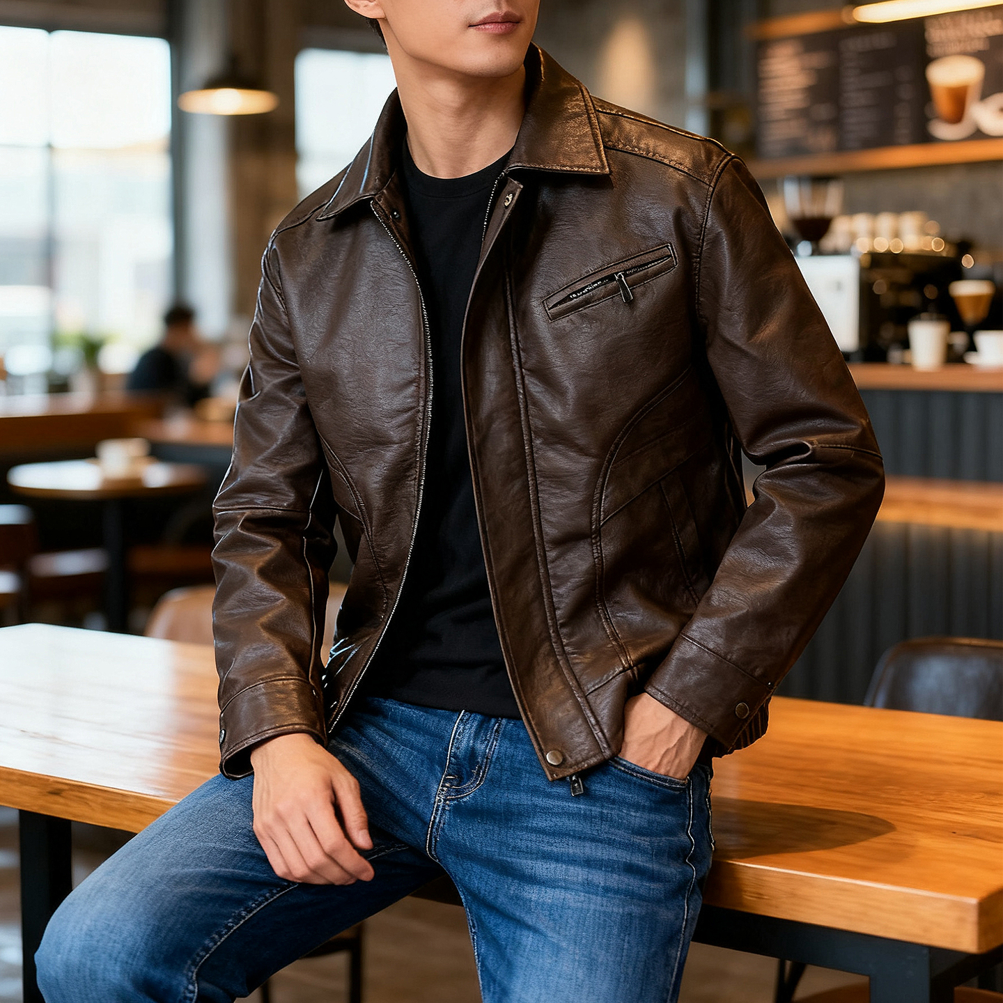 2025黑色机车飞行员PU皮夹克男装