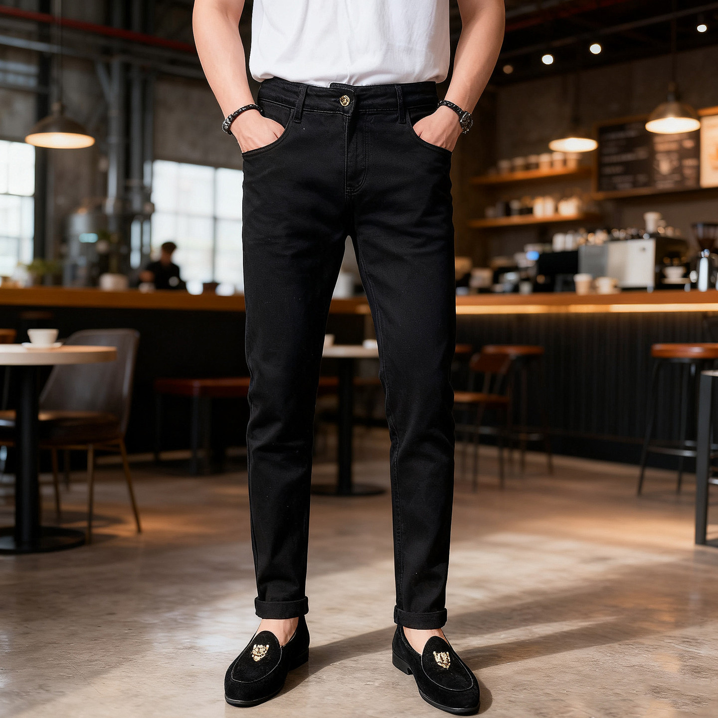 高级感男款纯色黑色牛仔裤男秋冬2025长裤春秋百搭弹力修身小脚裤