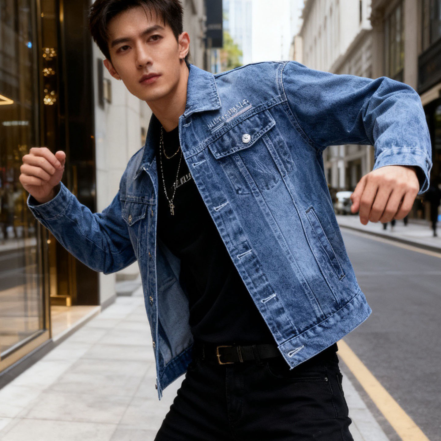 美式复古水洗蓝色牛仔外套男