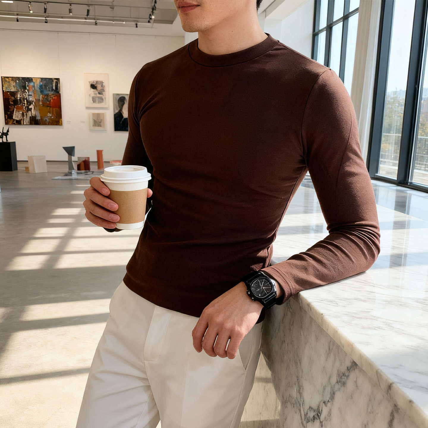 秋冬T恤男圆领卫衣保暖内搭长袖纯色柔软紧身棉弹力透气打底上衣