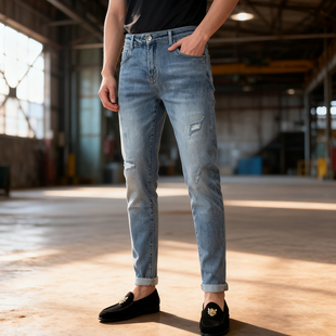 男士 休闲加绒长裤 破洞牛仔裤 小脚高级感复古时尚 潮牌弹力修身 冬季