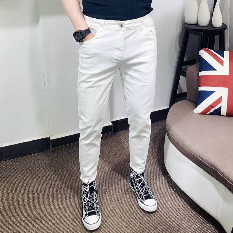 春夏季简约百搭九分牛仔裤男潮流韩版修身小脚白色休闲破洞9分裤
