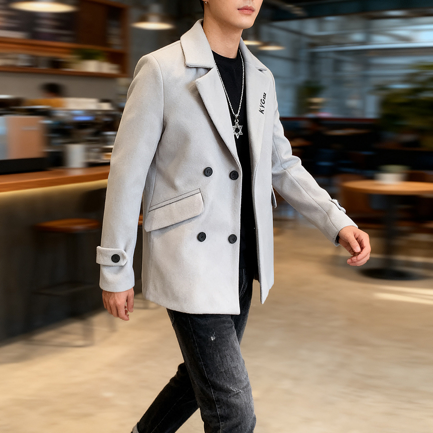 设计感翻领毛呢夹克男秋冬韩版修身潮流痞帅短款青年外套呢子大衣