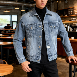 痞帅休闲外套 潮流复古水洗牛仔刺绣字母翻领潮牌时尚 春秋新款 男装